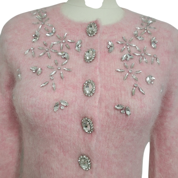 Embellished-Mohair-Blend-Cardigan-by-Rabanne Chic Pink Embellished Cardigan XS - Picture 4 of 12